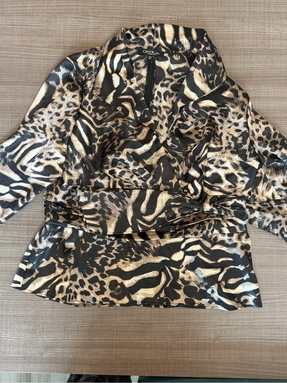 Onyx Animal Print Wrap Blouse - Black & Tan